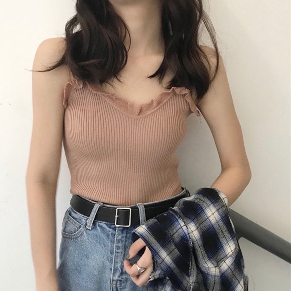[SOLD] Khaki Ruffle Ribbed Camisole - Picture 1 of 3